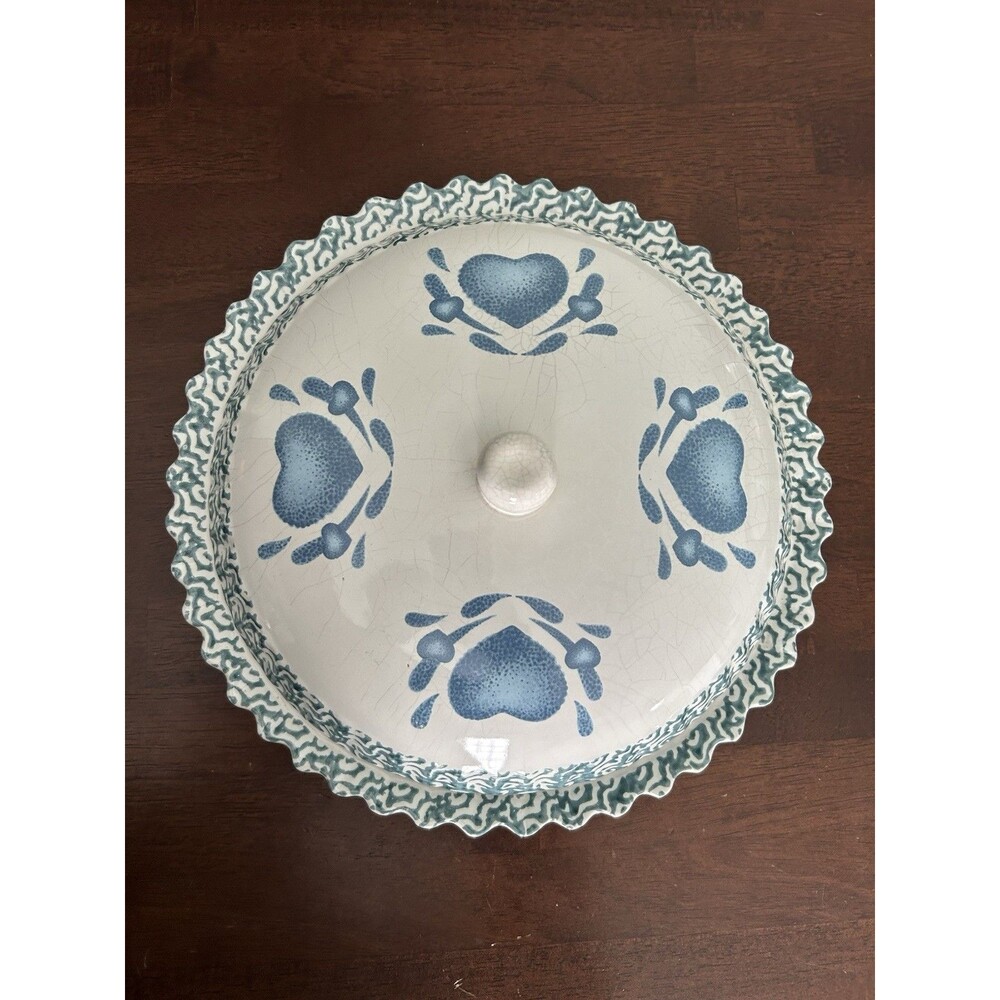 Blue Heart Spongeware 11”  Country Ceramic Pie Keeper Cottagecore Grannycore